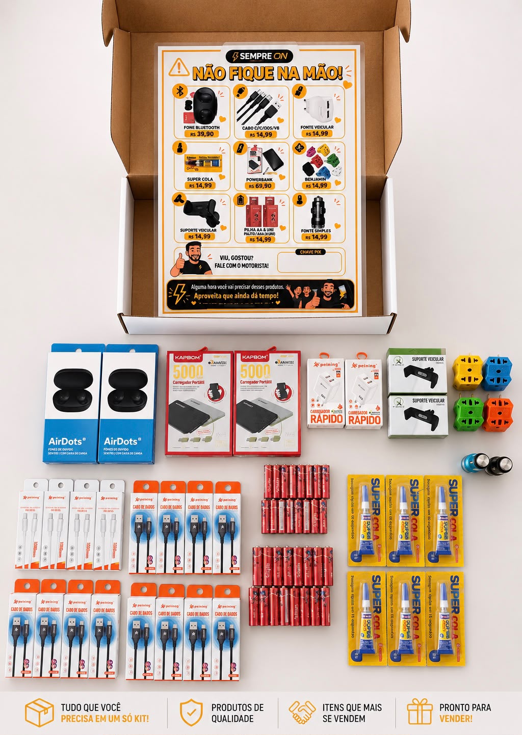 Kit Uber Sempre On completo com fones, power bank, cabos, pilhas, carregador e suporte veicular